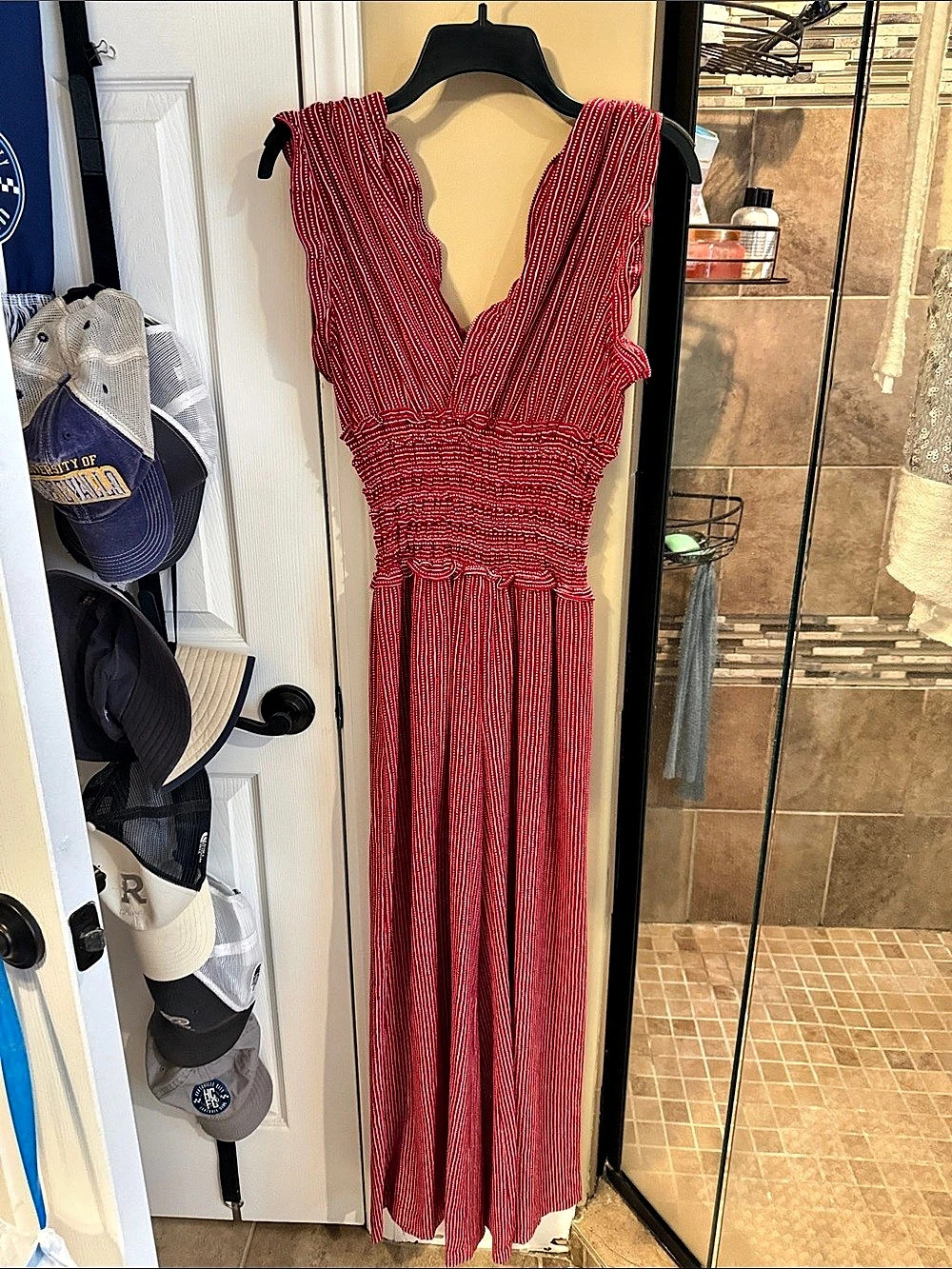 Max Studio Red & White Striped Wide Leg Jumpsuit Size Medium